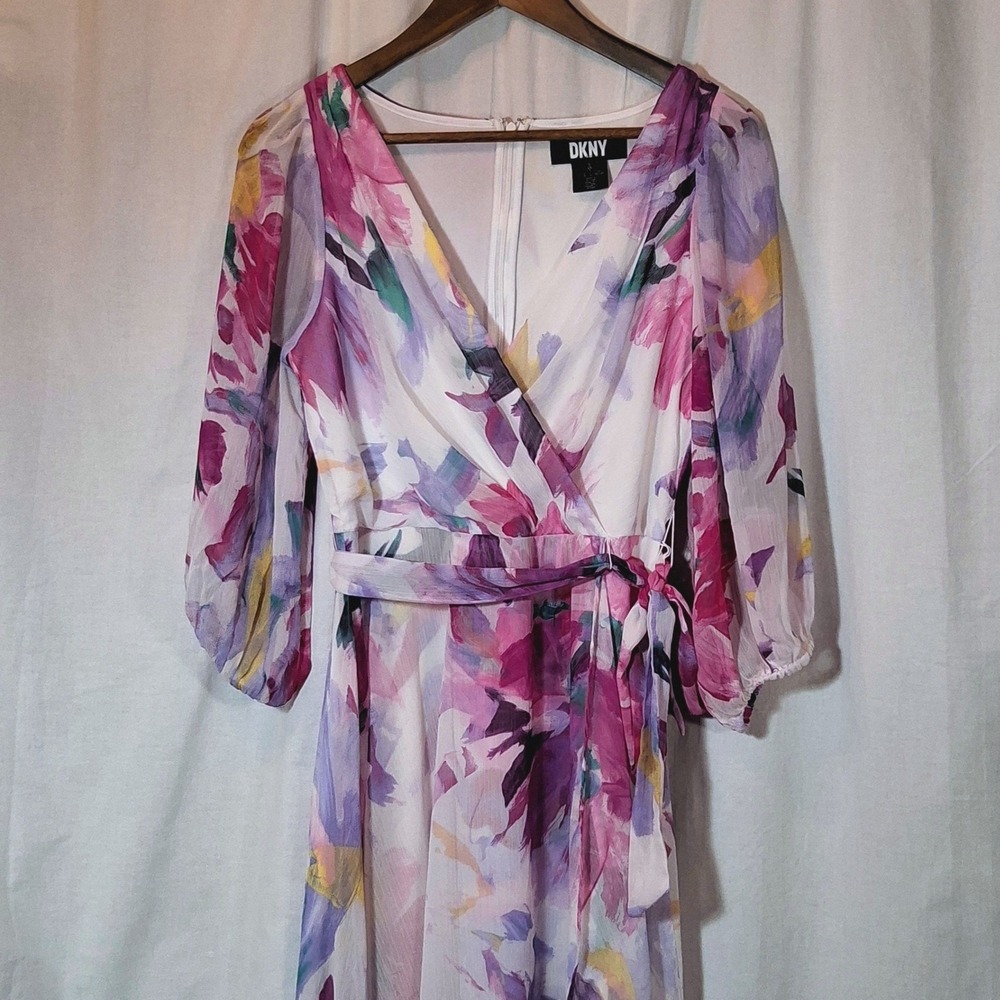 DKNY Womens Purple Floral Chiffon High-Low Handkerchief Hem Wrap Dress Size 8